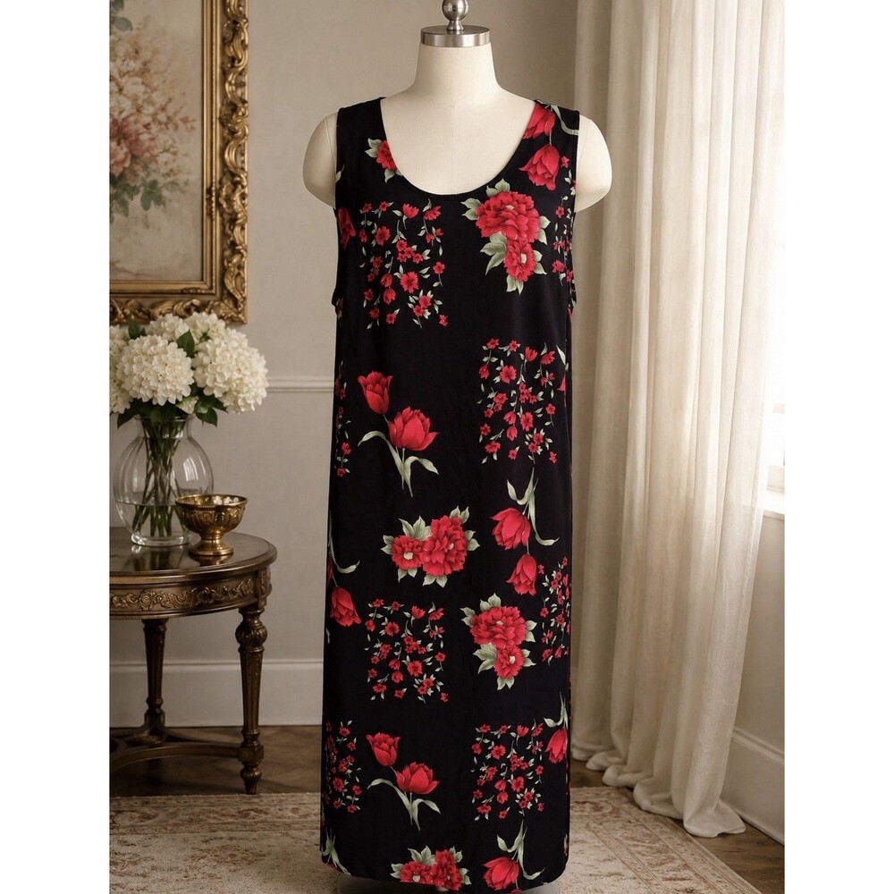 R&K Originals Women’s 16W Black Red Floral Semi Sheer Sleeveless Maxi Dress
